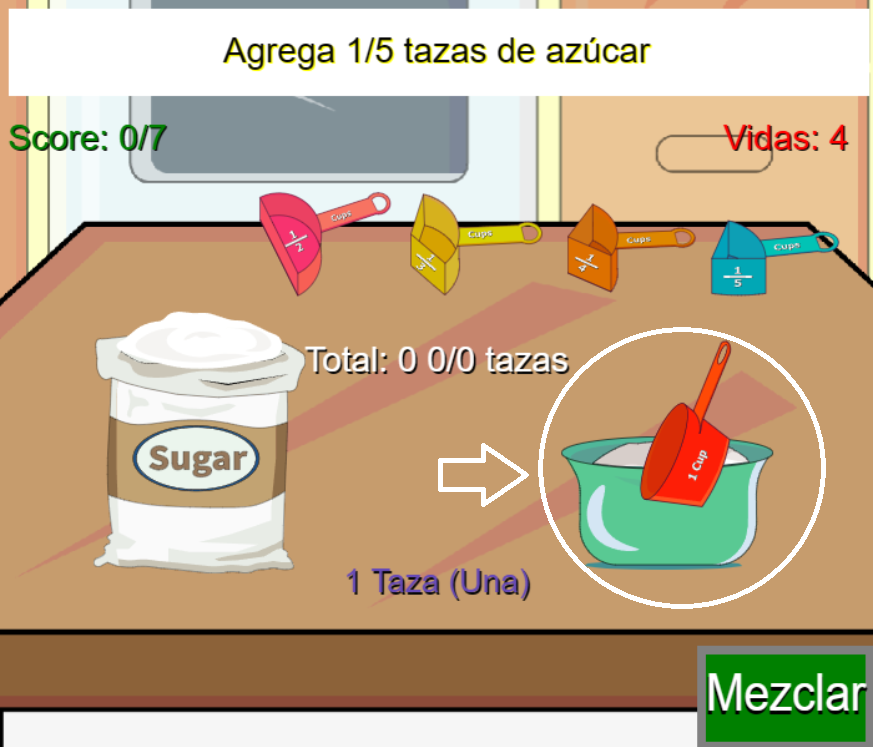 Juego de fracción: Mi pequeña cocina, virtiendo una taza en el bowl