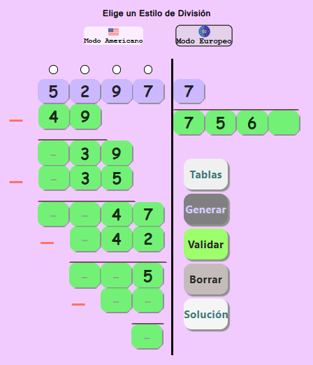 1 Dígito - Pizarra de división larga - Estilo Europeo