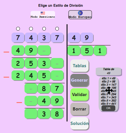 2 Dígitos - Pizarra de división largar - Estilo Europeo